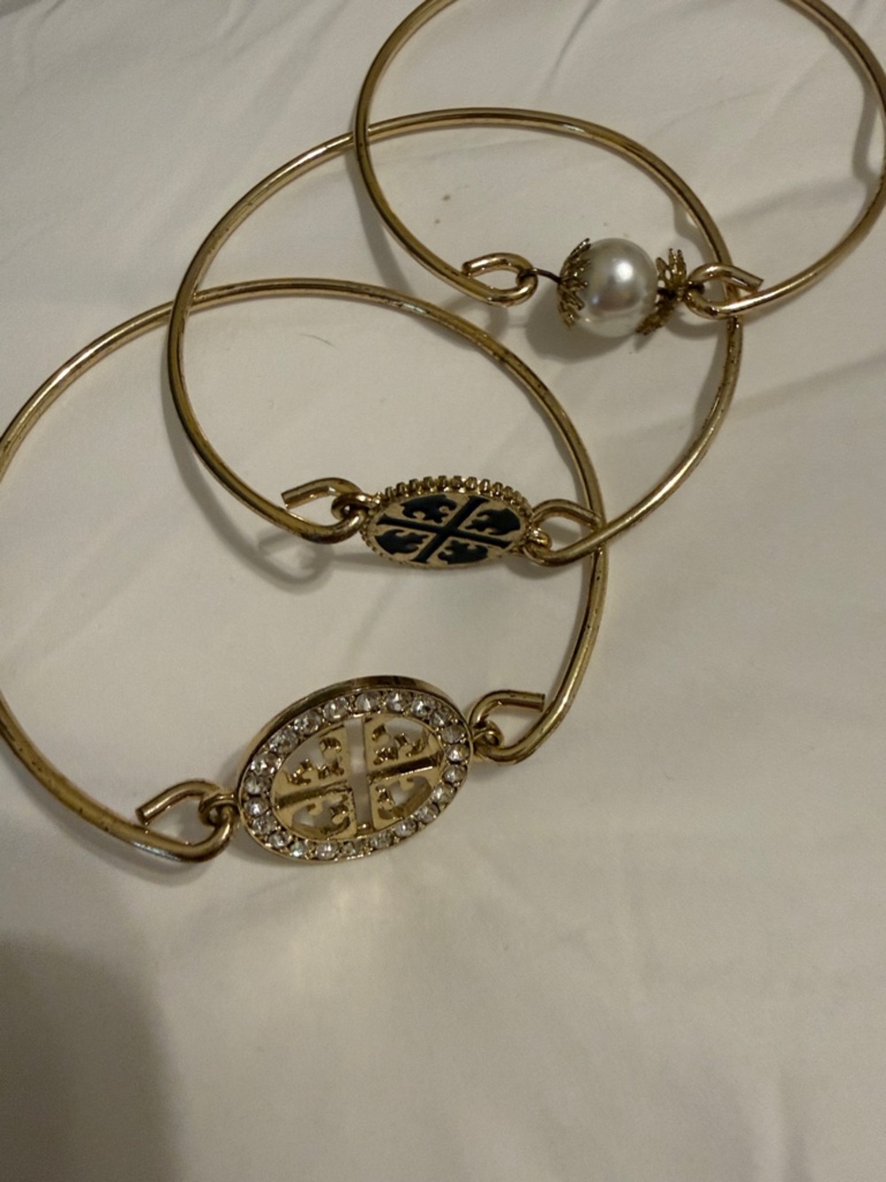Gold-Tone Women's Charm Bangle Bracelet Set with Pearl and Crystal Accents